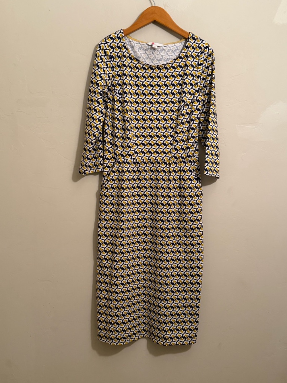 Boden Bird Print Dress Size 10 Long Navy Yellow Cotton Midi 3/4 Sleeve